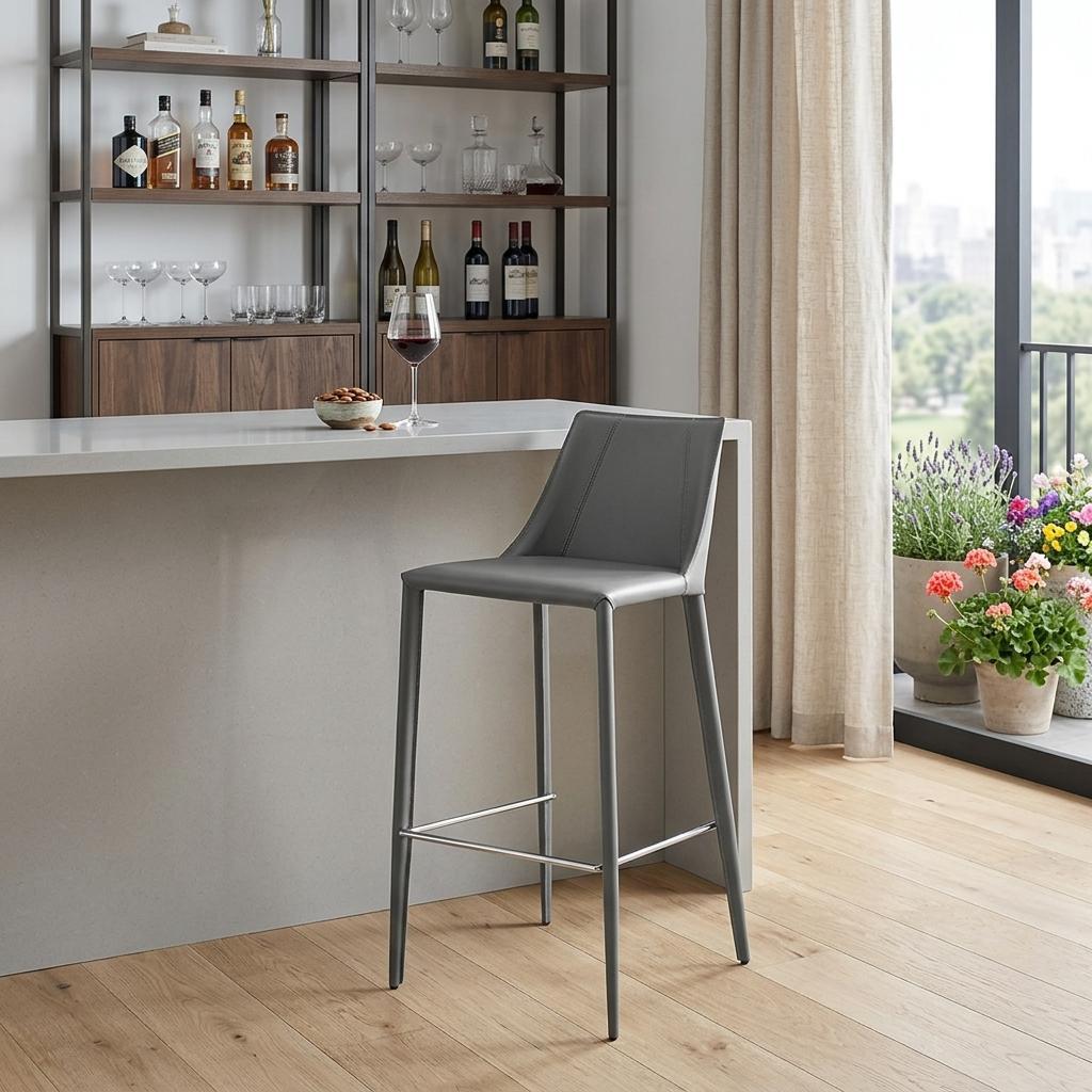 30" Gray Faux Leather And Steel Low Back Bar Height Bar Chair