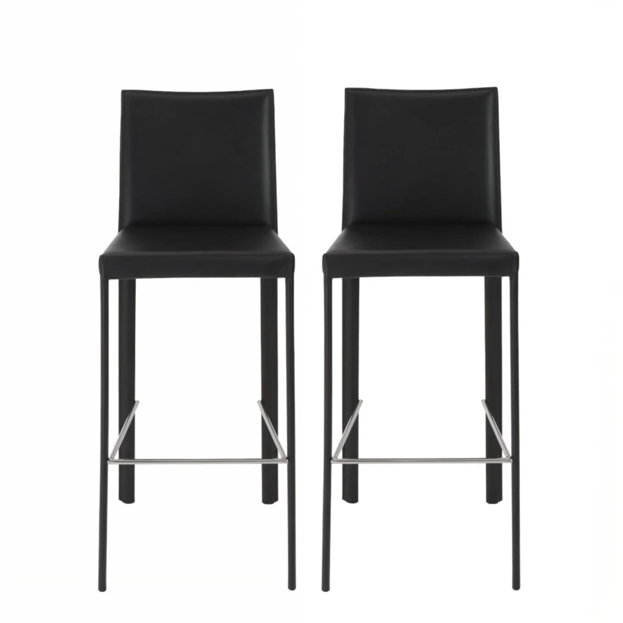 Set of Two 30" Black Faux Leather And Steel Bar Height Bar Chairs