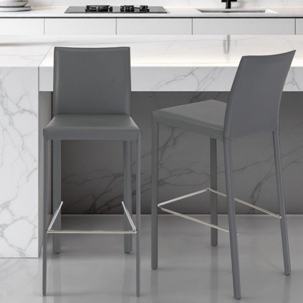 Set of Two 30" Gray Faux Leather and Steel Bar Height Bar Chairs