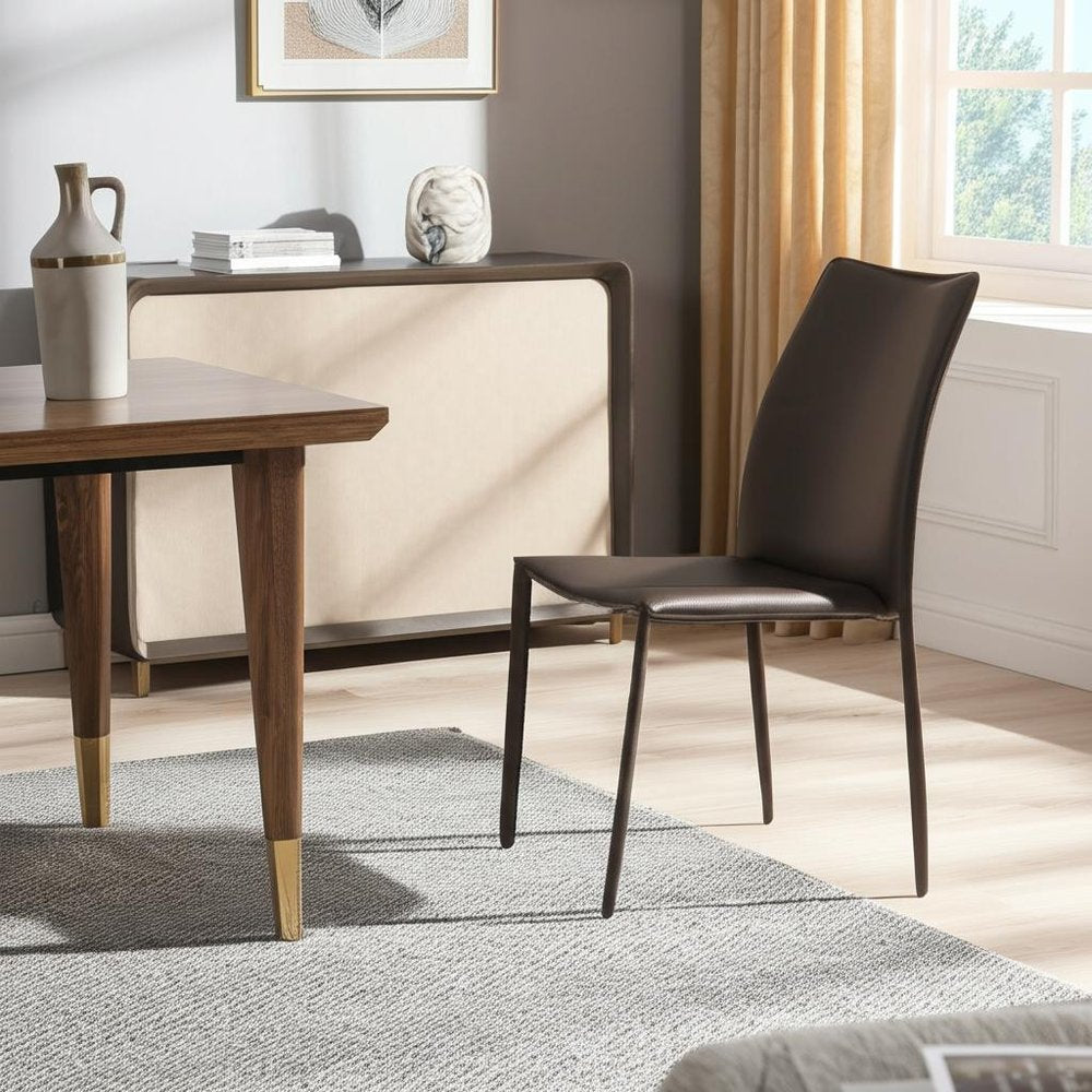 Set of Two Brown Upholstered Leather Dining Side Chairs