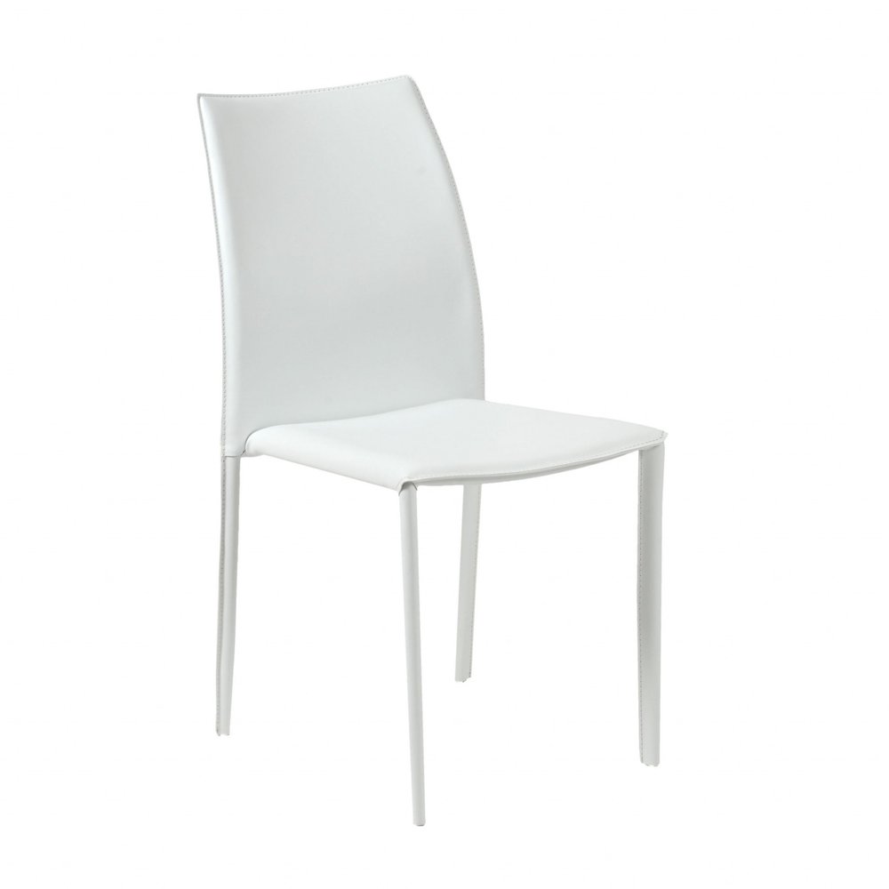 Set of Two White Upholstered Leather Dining Side Chairs