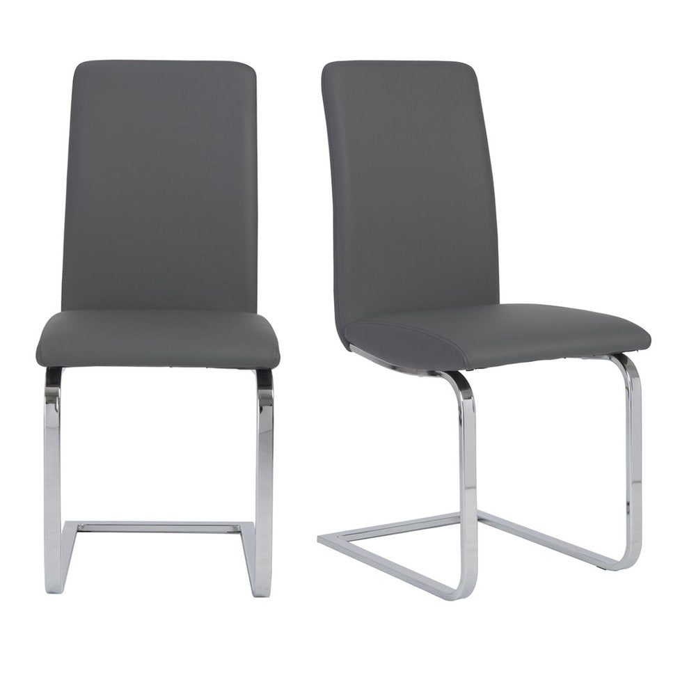Set of Two Gray and Silver Upholstered Leather Dining Side Chairs