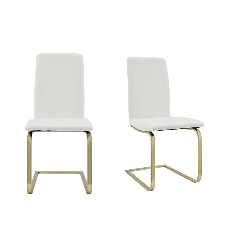 Set of Two White and Gold Upholstered Leather Dining Side Chairs