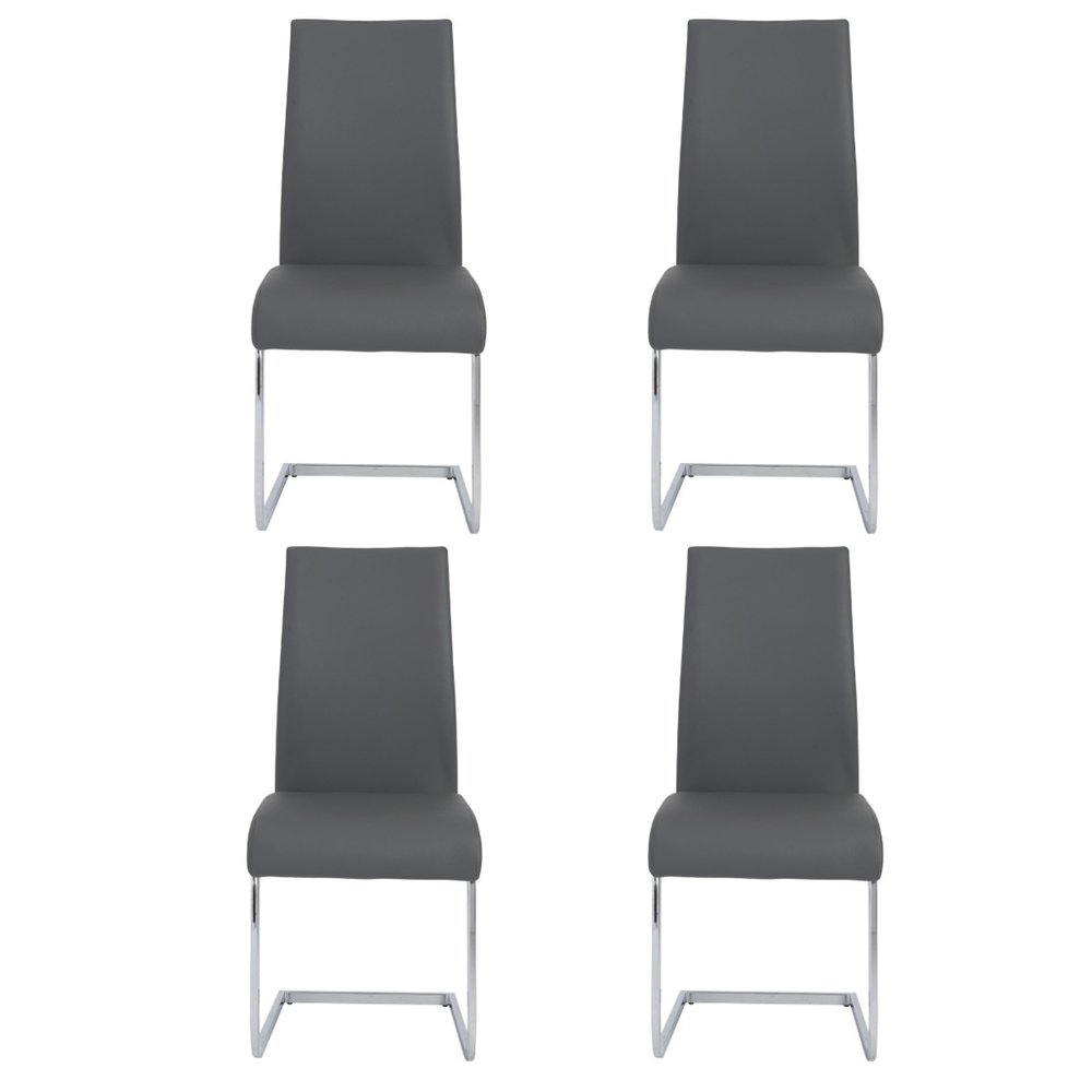 Set of Four Gray and Silver Upholstered Leather Dining Side Chairs