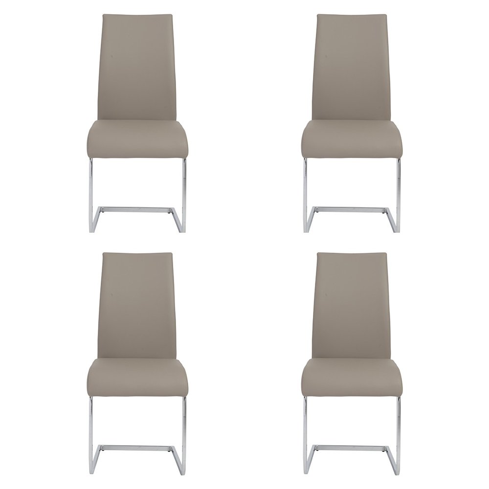 Set of Four Taupe and Silver Upholstered Leather Dining Side Chairs