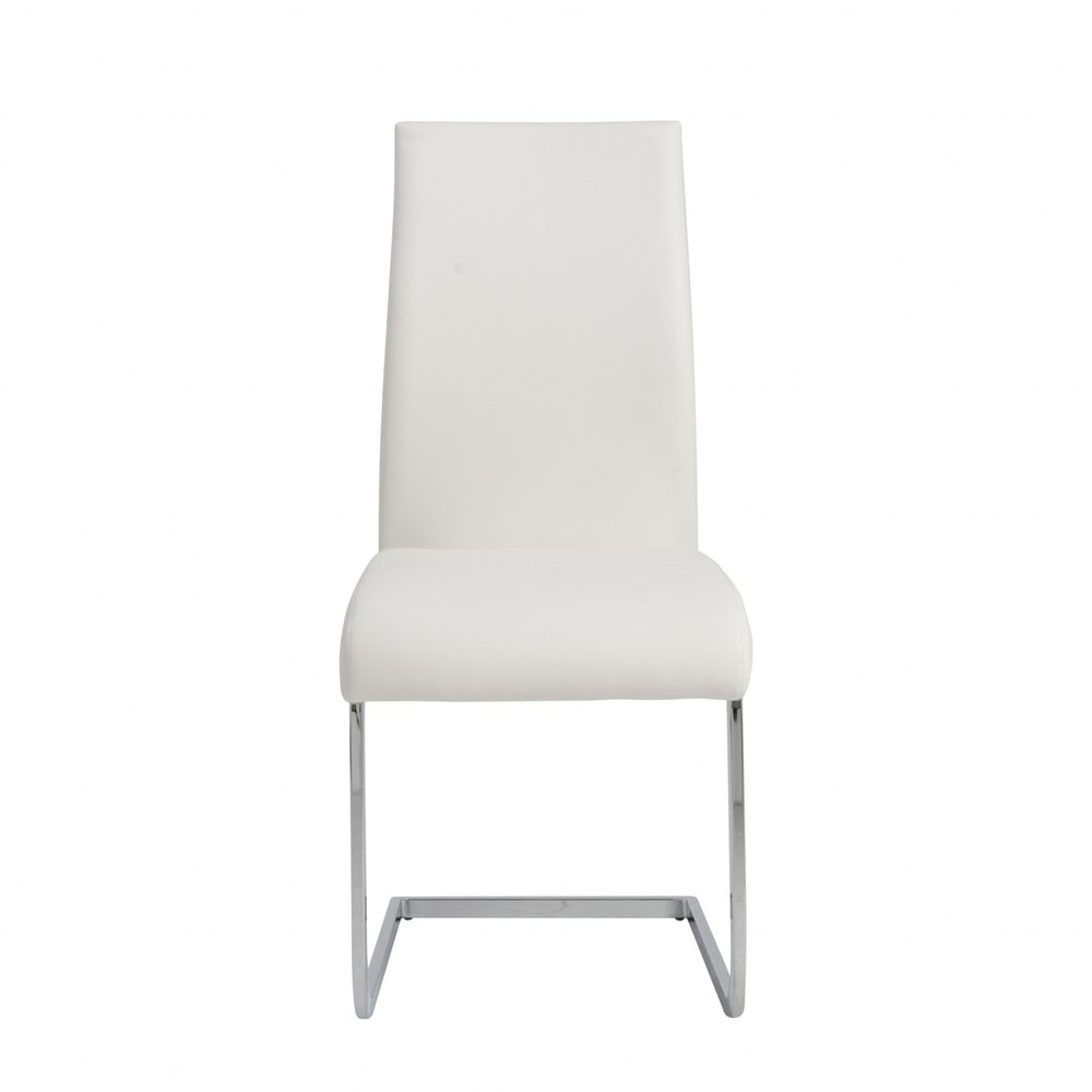 Set of Four White and Silver Upholstered Leather Dining Side Chairs