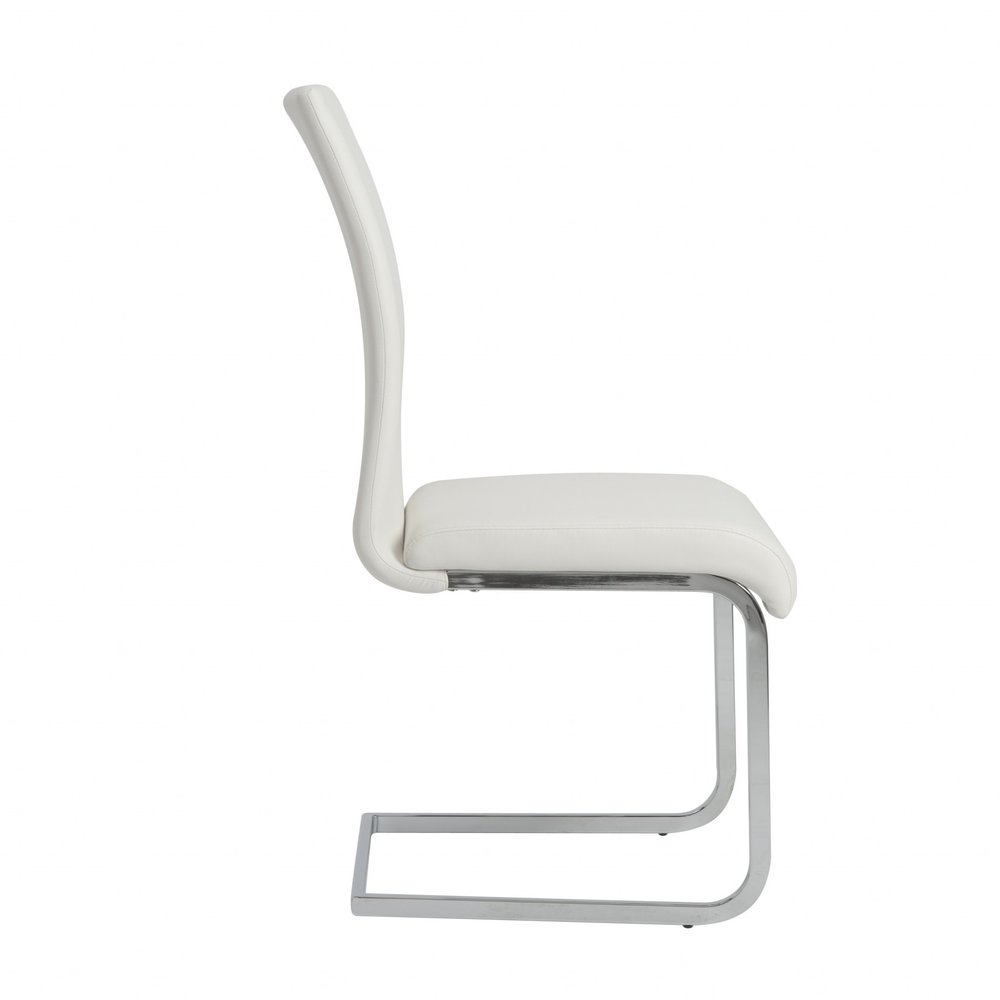 Set of Four White and Silver Upholstered Leather Dining Side Chairs