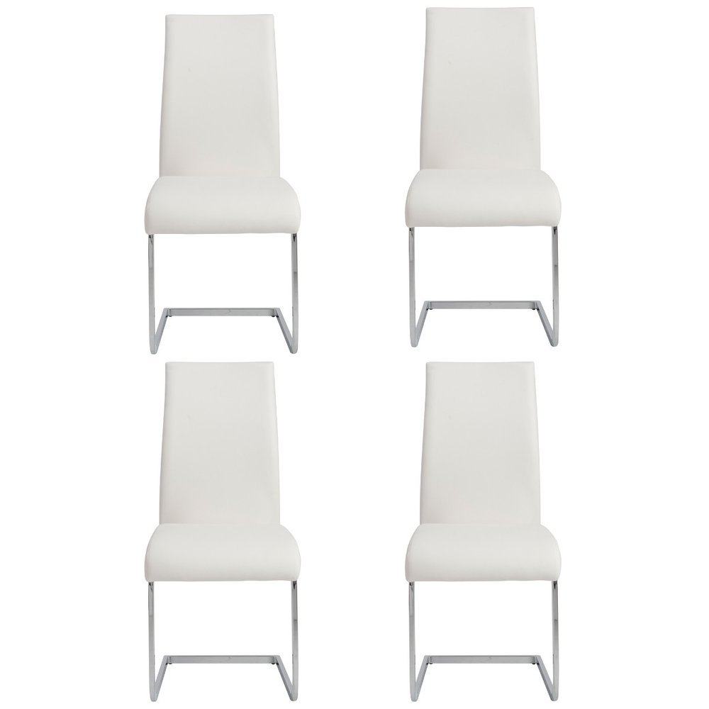 Set of Four White and Silver Upholstered Leather Dining Side Chairs