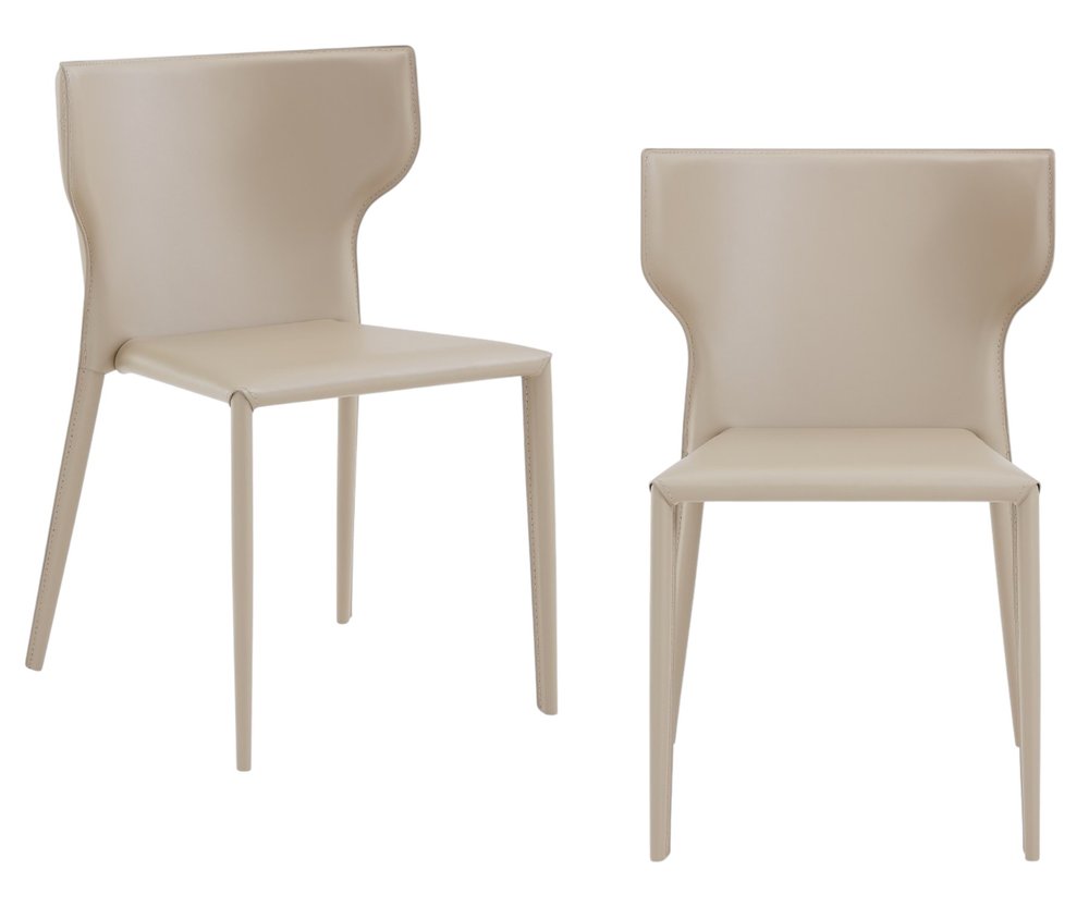 Set of Two Beige Upholstered Leather Curved Back Dining Side Chairs