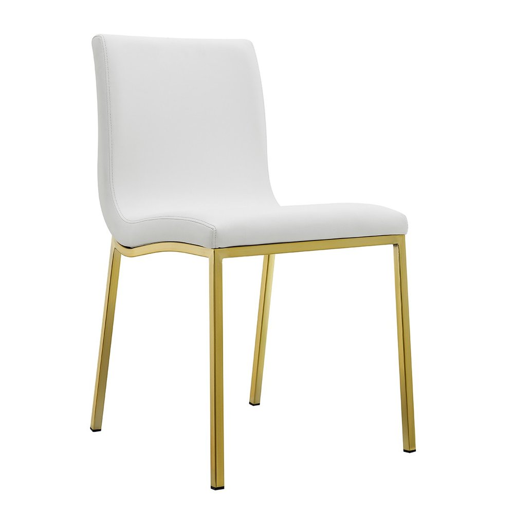 Set of Two White and Gold Upholstered Leather Dining Side Chairs