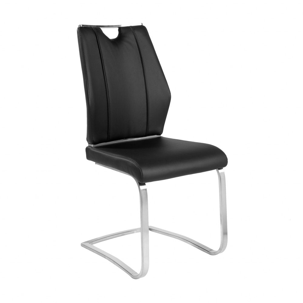 Set of Two Black and Silver Upholstered Leather Dining Side Chairs