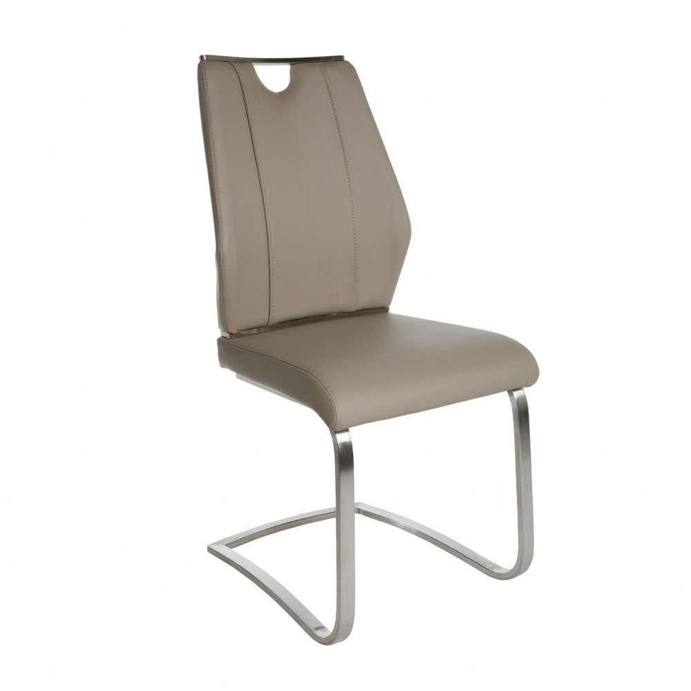 Set of Two Taupe and Silver Upholstered Leather Dining Side Chairs