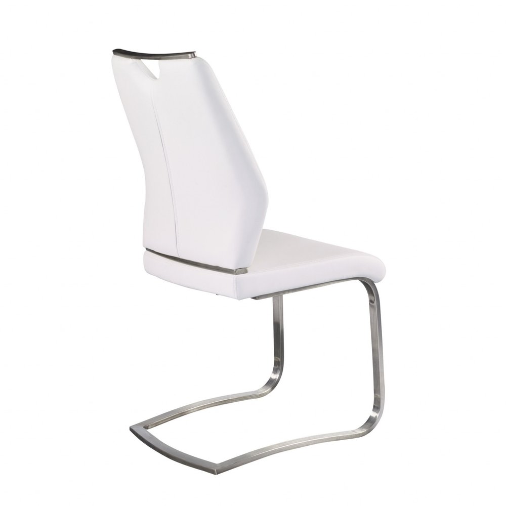 Set of Two White and Silver Upholstered Leather Dining Side Chairs