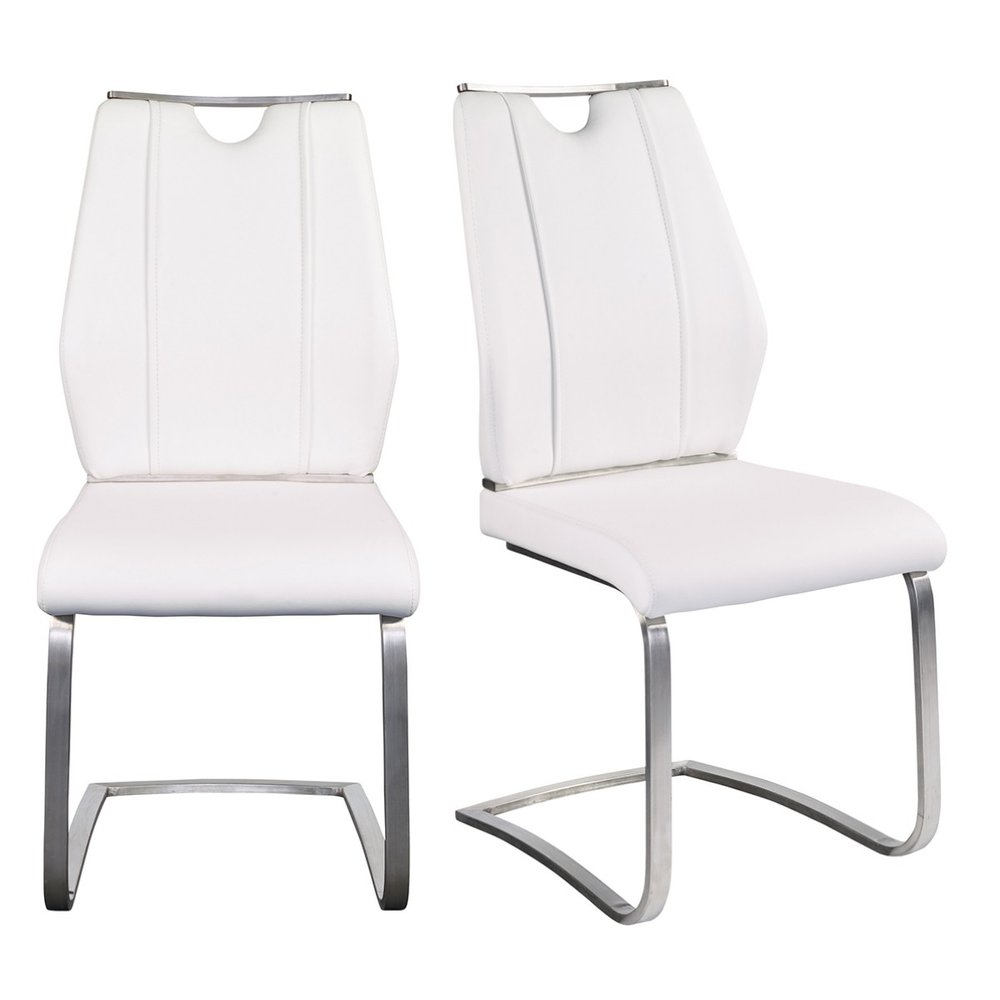 Set of Two White and Silver Upholstered Leather Dining Side Chairs