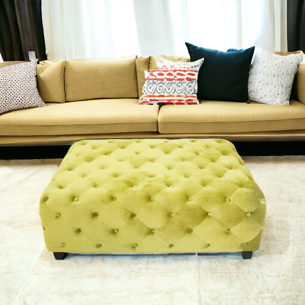40" Green and Brown Fabric and Solid Wood Square Coffee Table