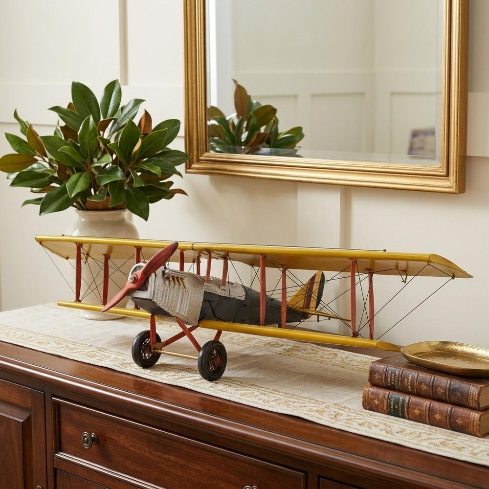 8" Yellow Red And Gray Metal Hand Painted Air Plane