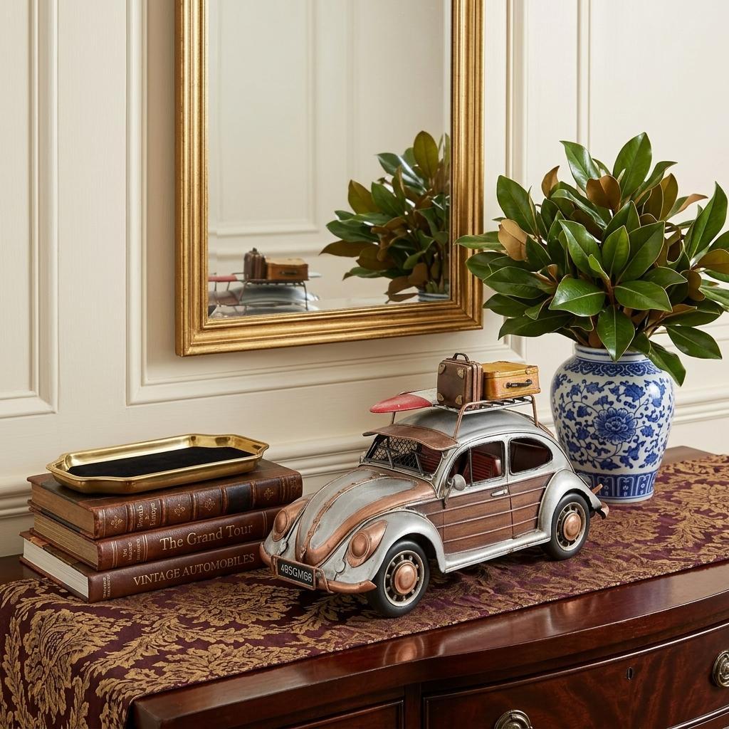 7" Silver Metal Hand Painted Model Car Tabletop Sculpture