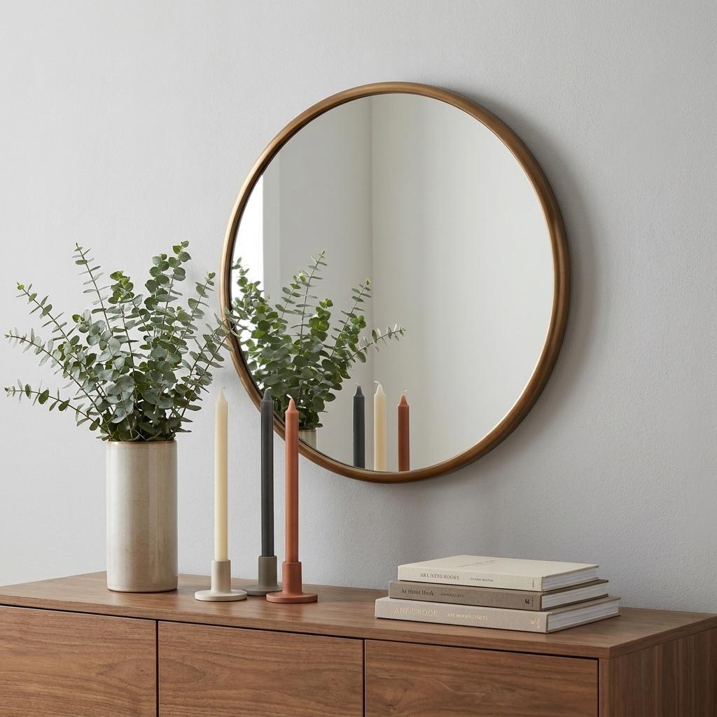 20" Antiqued Brass Round Metal Framed Accent Mirror
