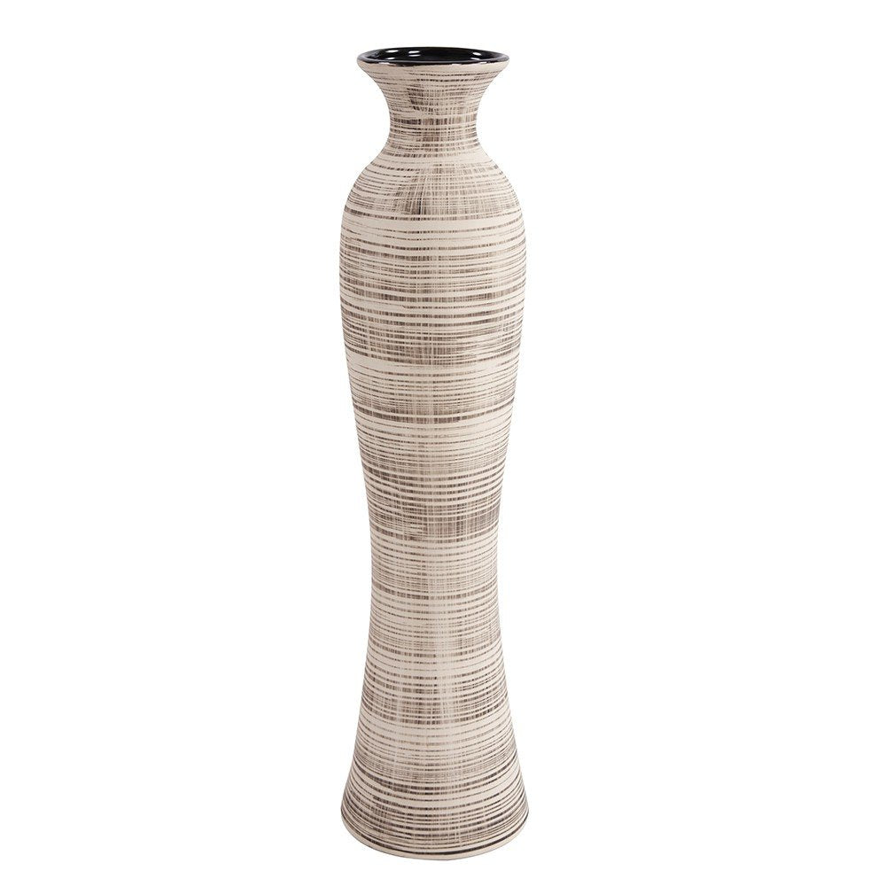 31" Beige And Brown Striped Bud Ceramic Floor Vase