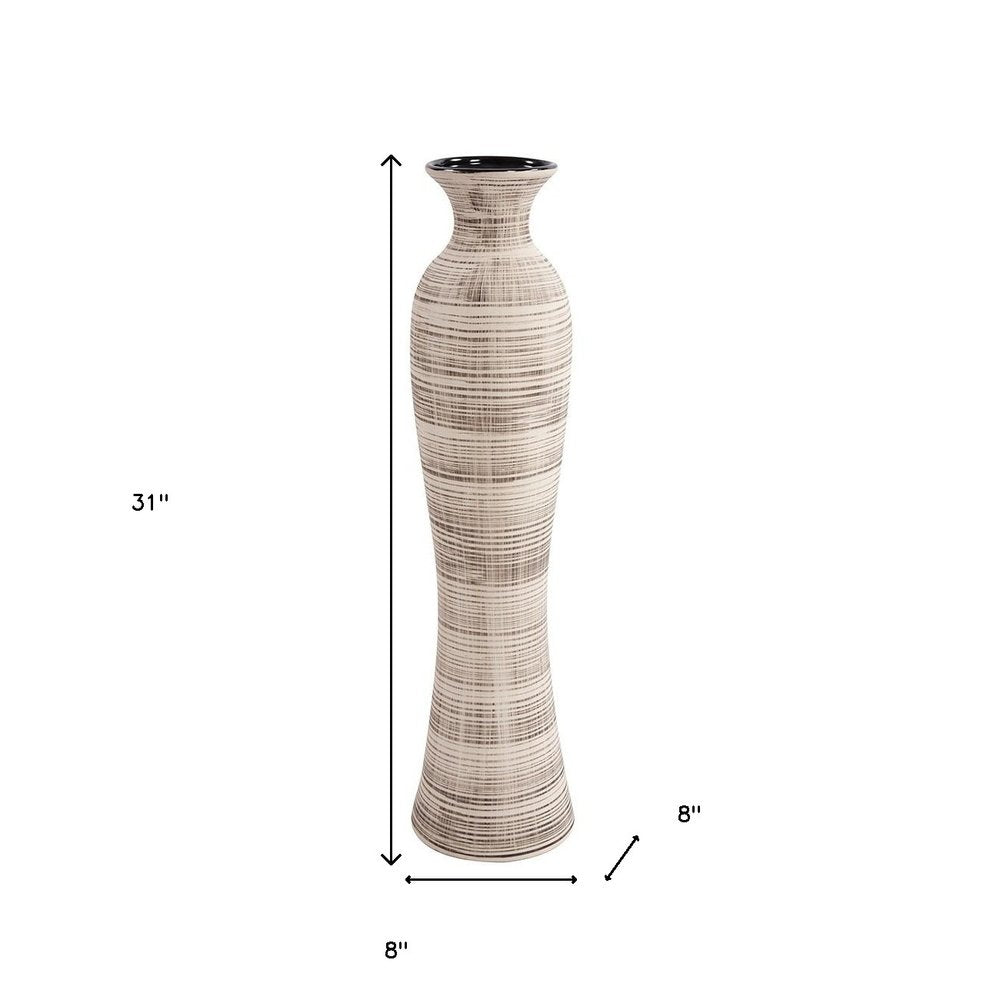 31" Beige And Brown Striped Bud Ceramic Floor Vase