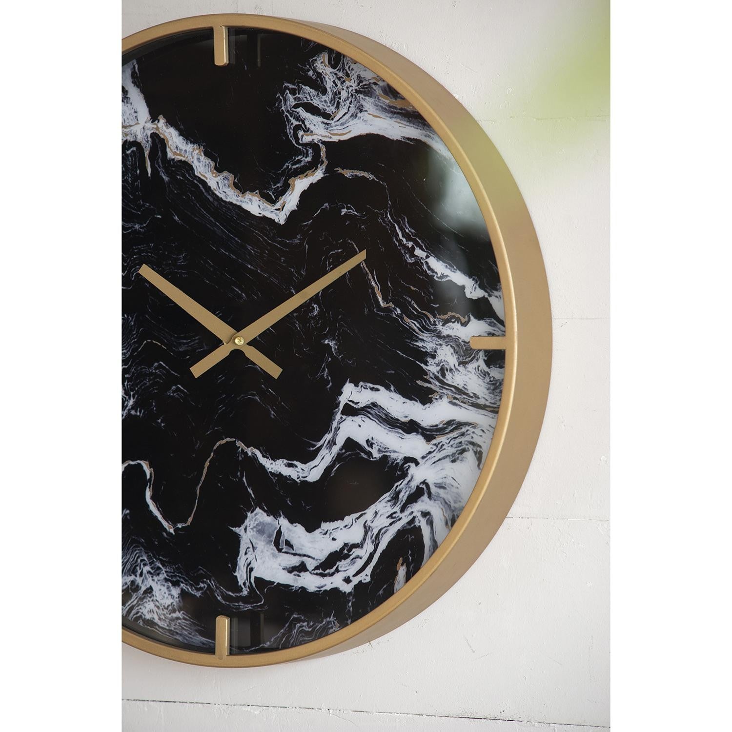 Modern Black Faux Marble and Gold Round Wall Clock
