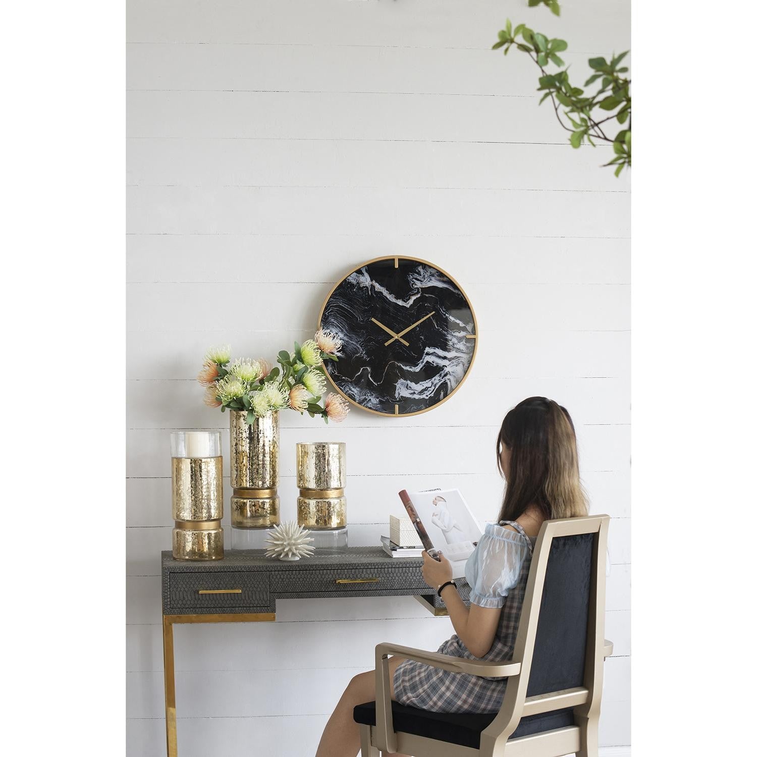Modern Black Faux Marble and Gold Round Wall Clock