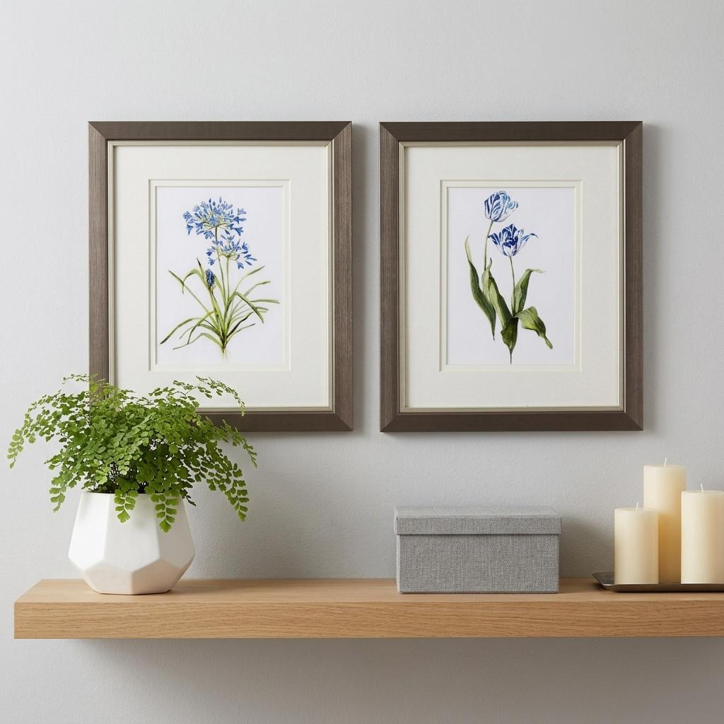 Set of Two Watercolor Dark Blue Flowers Wall Art