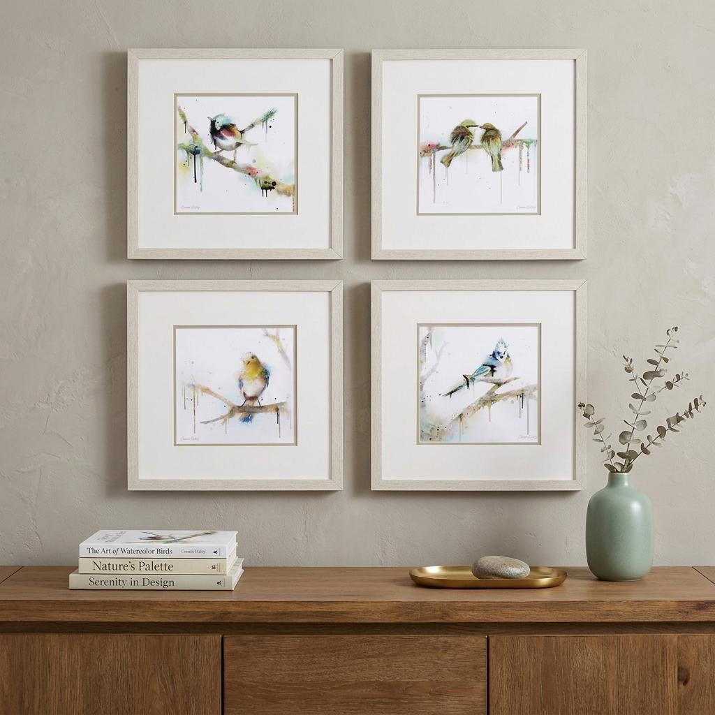 Set of Four Colorful Birds on Branches Wall Art