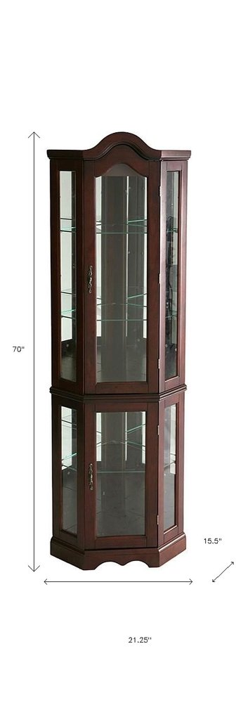 Mahogany Scallop Top Lighted Corner Curio Cabinet