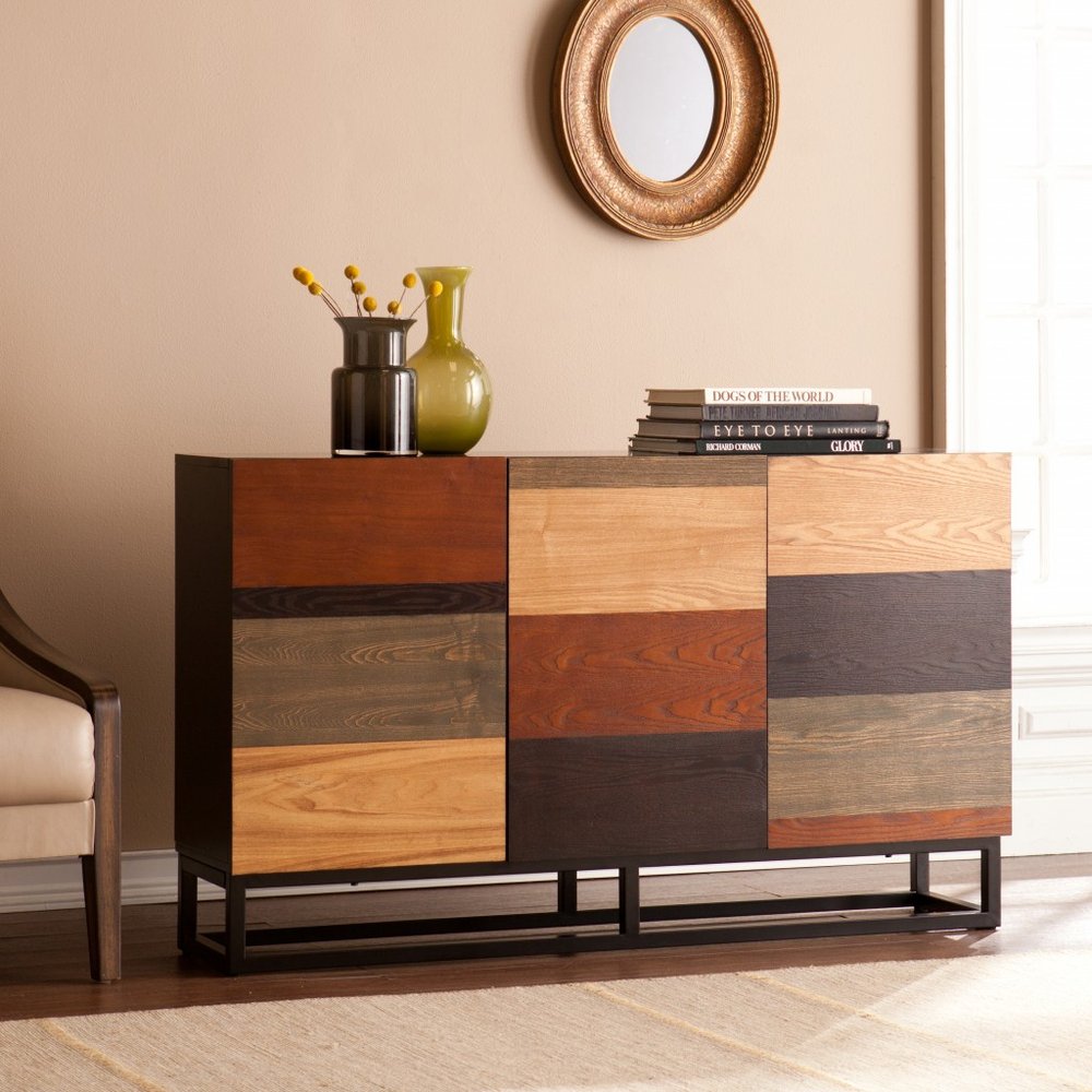 52" Brown Gray And Black Patch Three Door Sideboard Cabinet