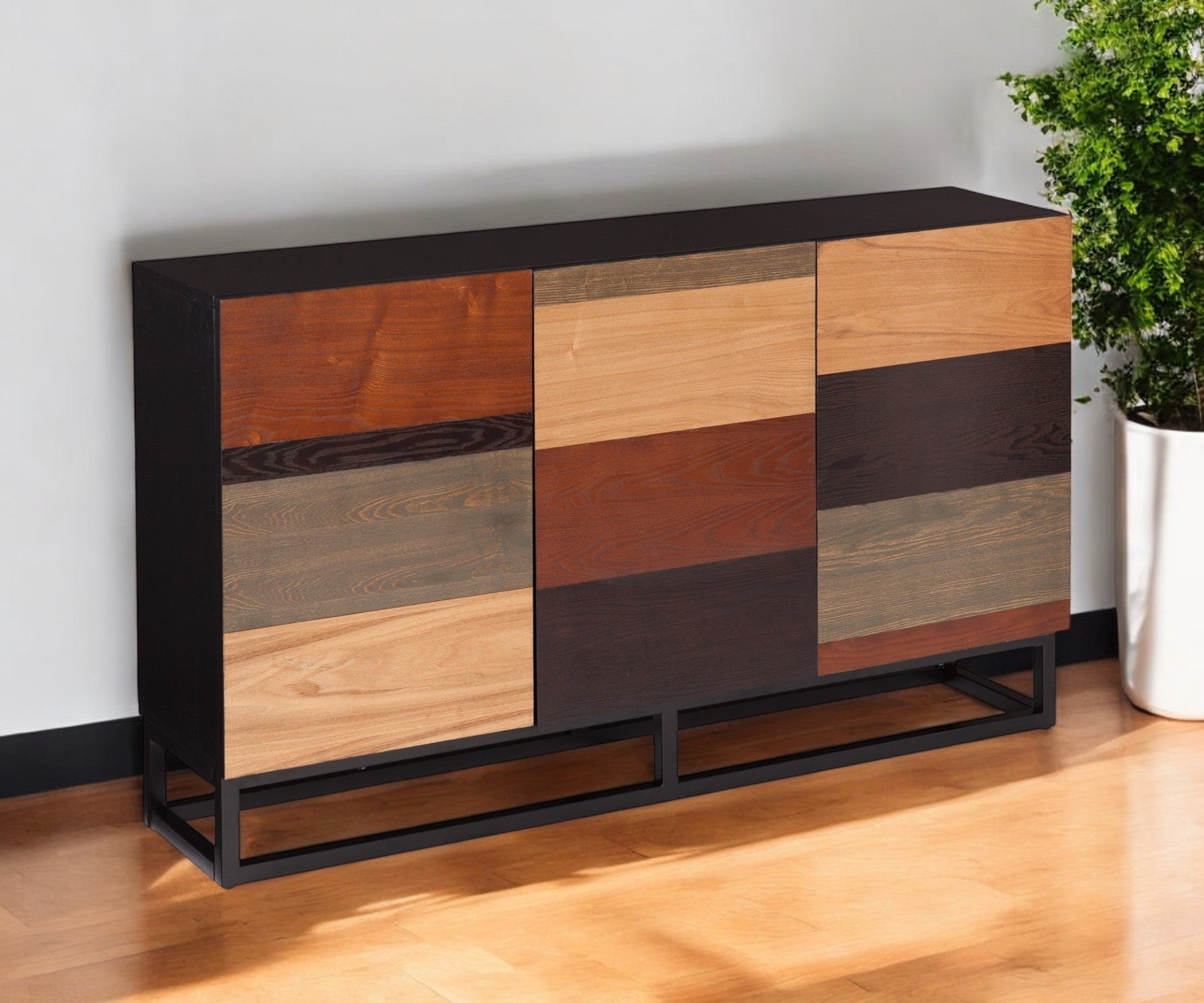 52" Brown Gray And Black Patch Three Door Sideboard Cabinet