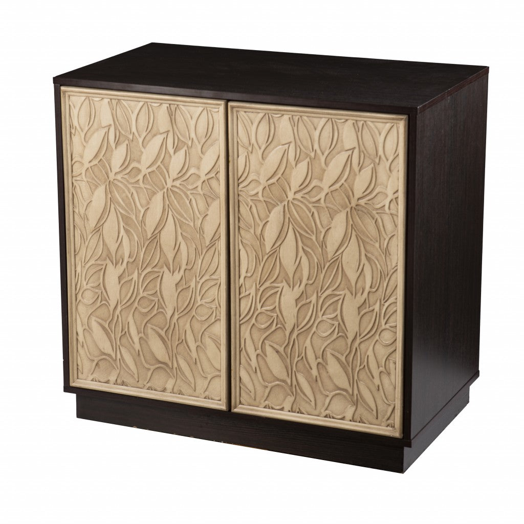32" Dark Brown And Natural Carved Floral Sideboard with Two Doors