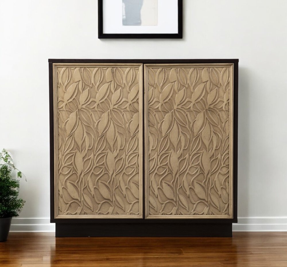 32" Dark Brown And Natural Carved Floral Sideboard with Two Doors