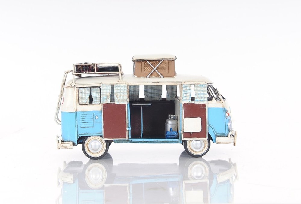 6" Blue And White Metal Volkswagen Bus Sculpture