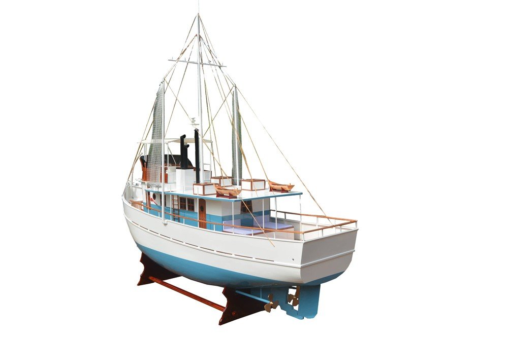110" Blue And White Solid Wood Hand Painted Model Boat