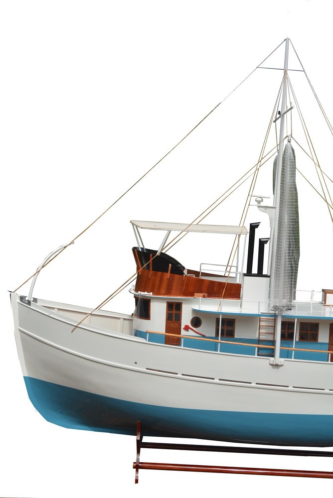 110" Blue And White Solid Wood Hand Painted Model Boat