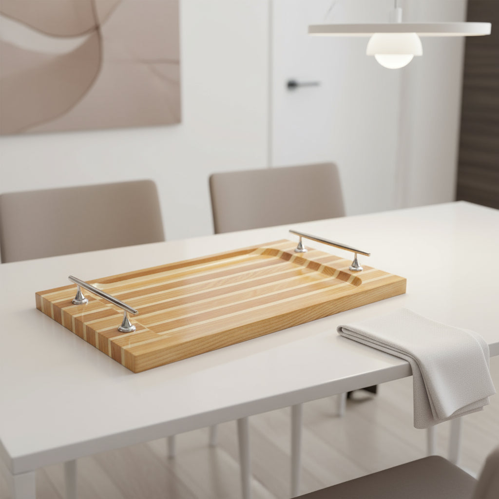 15" Brown And Natural Solid Wood Striped Serving Tray With Handles