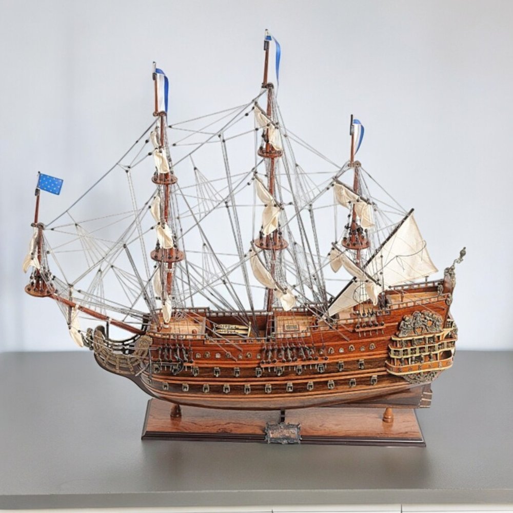 27" Brown Solid Wood Hand Painted Boat Model Boat
