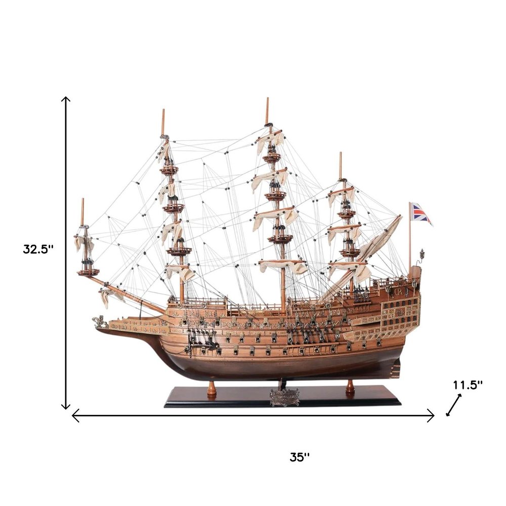 33" Wood Brown Sovereign of the Seas Hand Painted Boat Sculpture