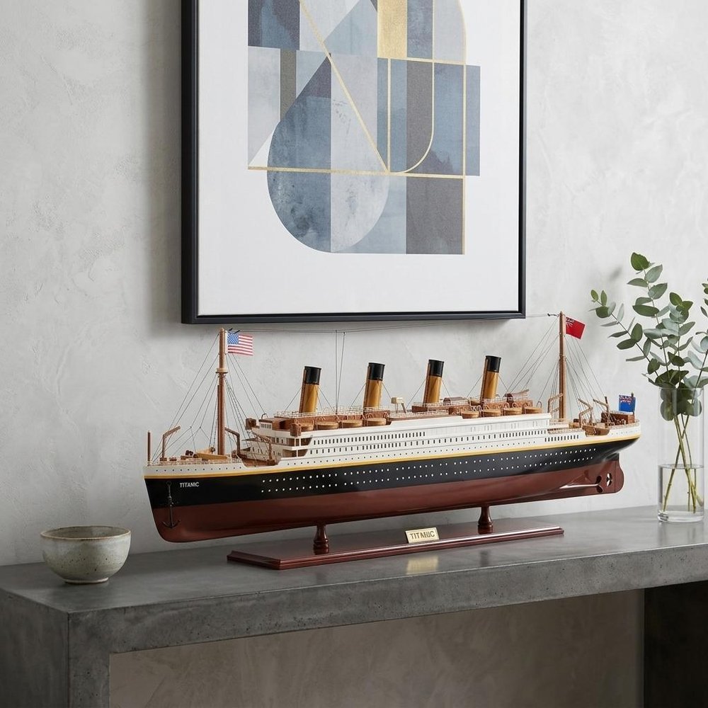 14" Black And Red Solid Wood Hand Painted Boat Model Boat