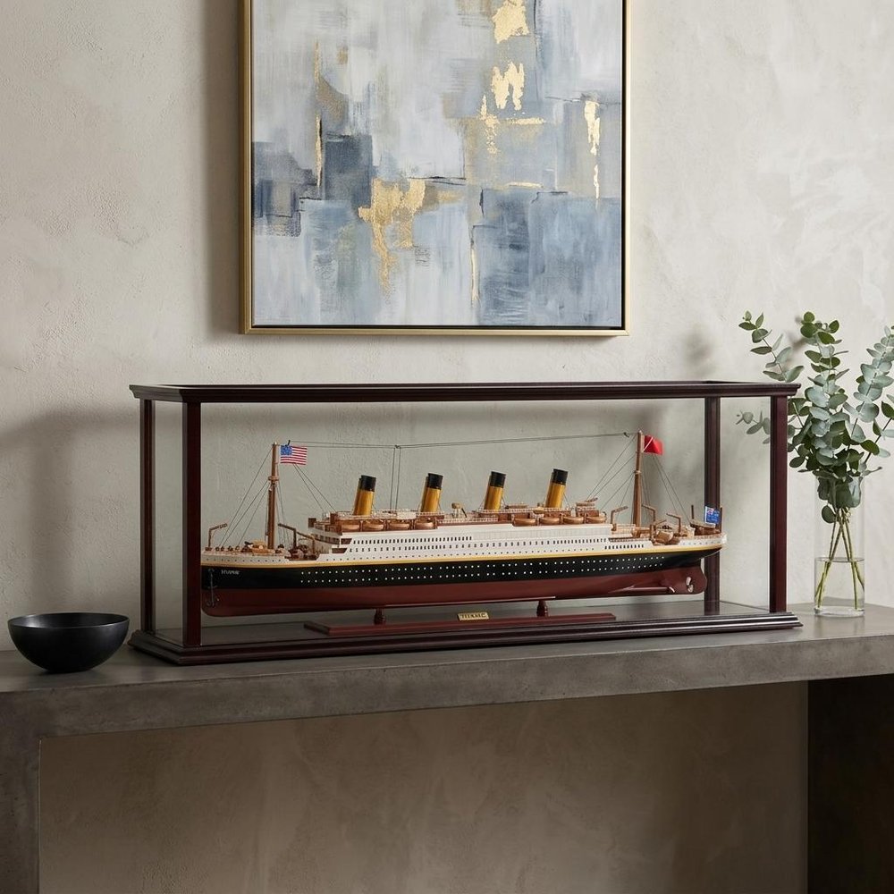 15" Black And Red Solid Wood Hand Painted Boat Model Boat