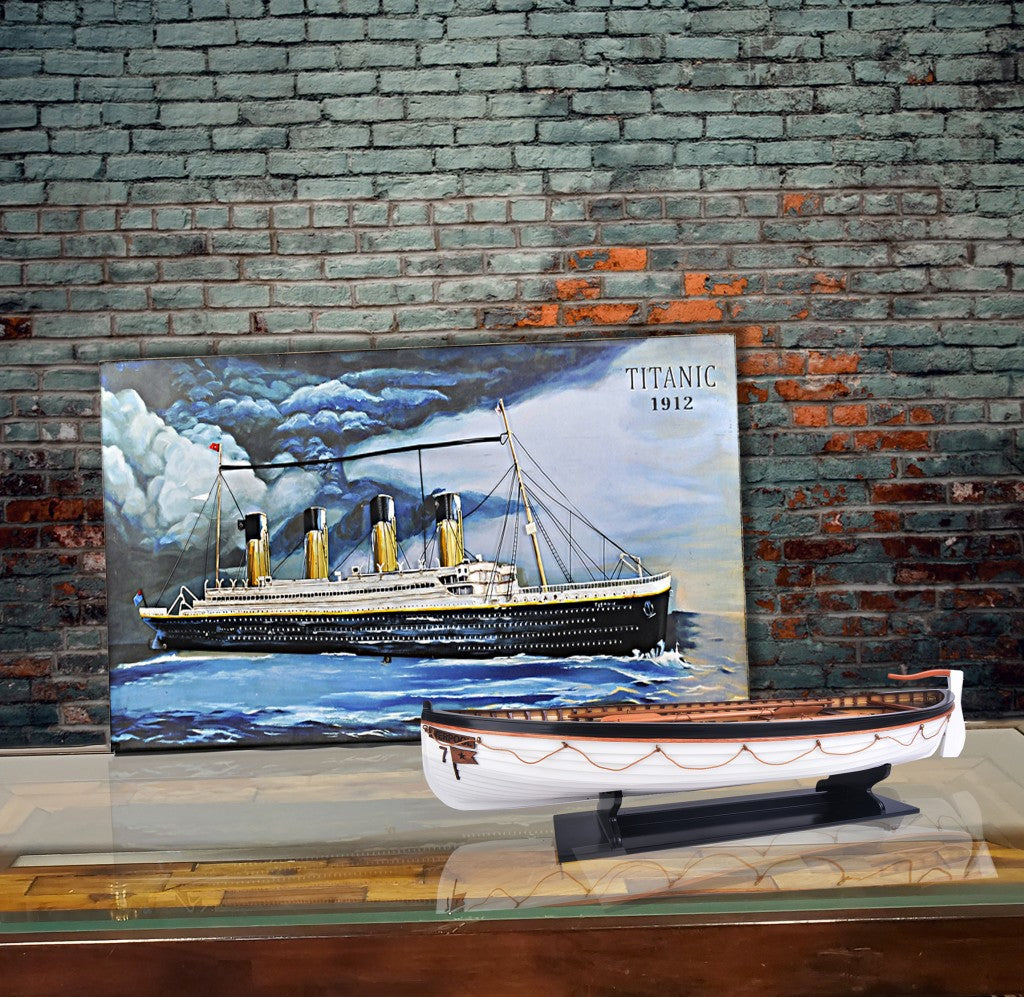 6" Brown and White Solid Wood Hand Painted RMS Titanic Lifeboat No.7 Model Boat