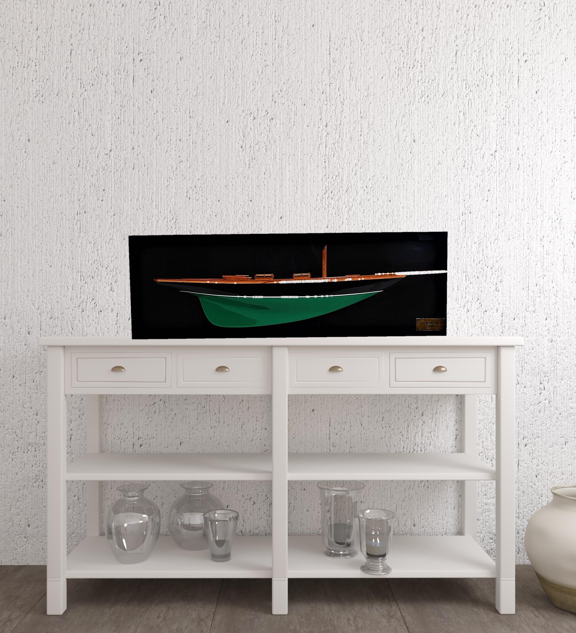 12" Black and Green Solid Wood Hand Painted c1898 Pen Duick Half-Hull Model Boat