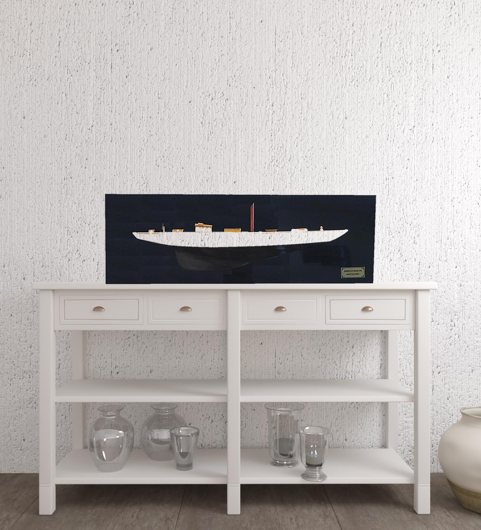 12" Black and White Solid Wood Hand Painted Shamrock V Yacht Half-Hull Model Boat