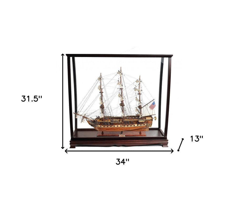 32" Wood Brown Solid Wood Hand Painted 1797 USS Constitution Medium Display Case Model Boat