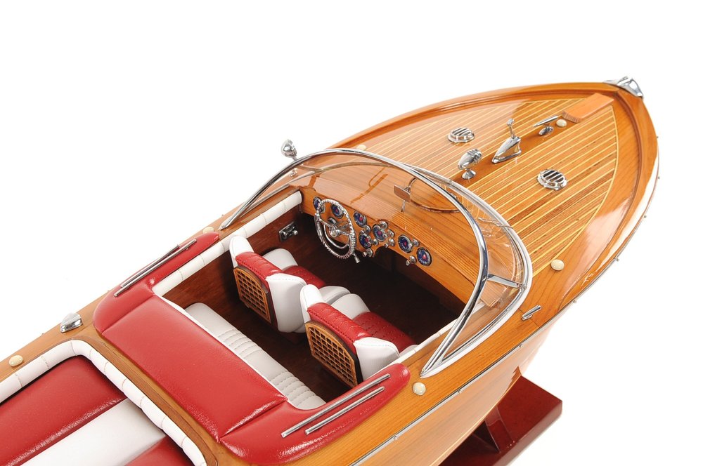 7" Wood Brown Solid Wood Hand Painted Riva Aqurama Medium Speedboat Model Boat