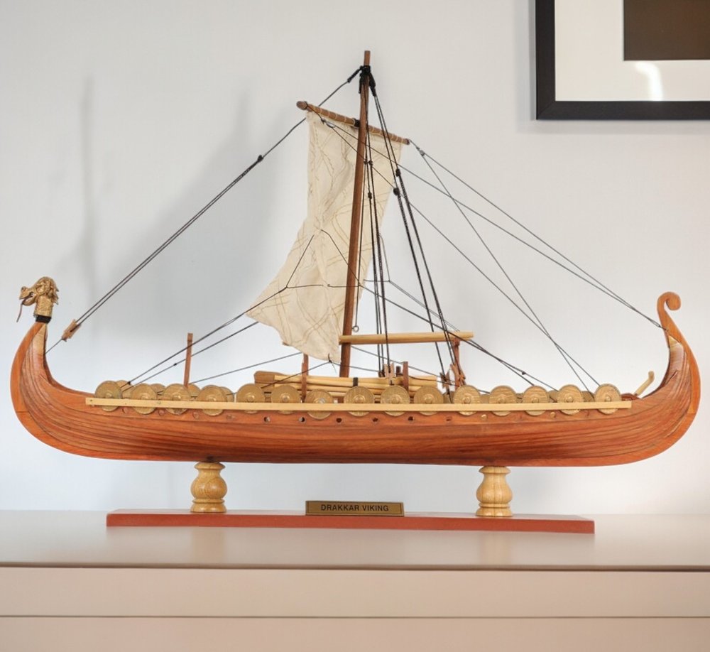 13" Wood Brown Solid Wood Hand Painted Model Boat Tabletop Sculpture