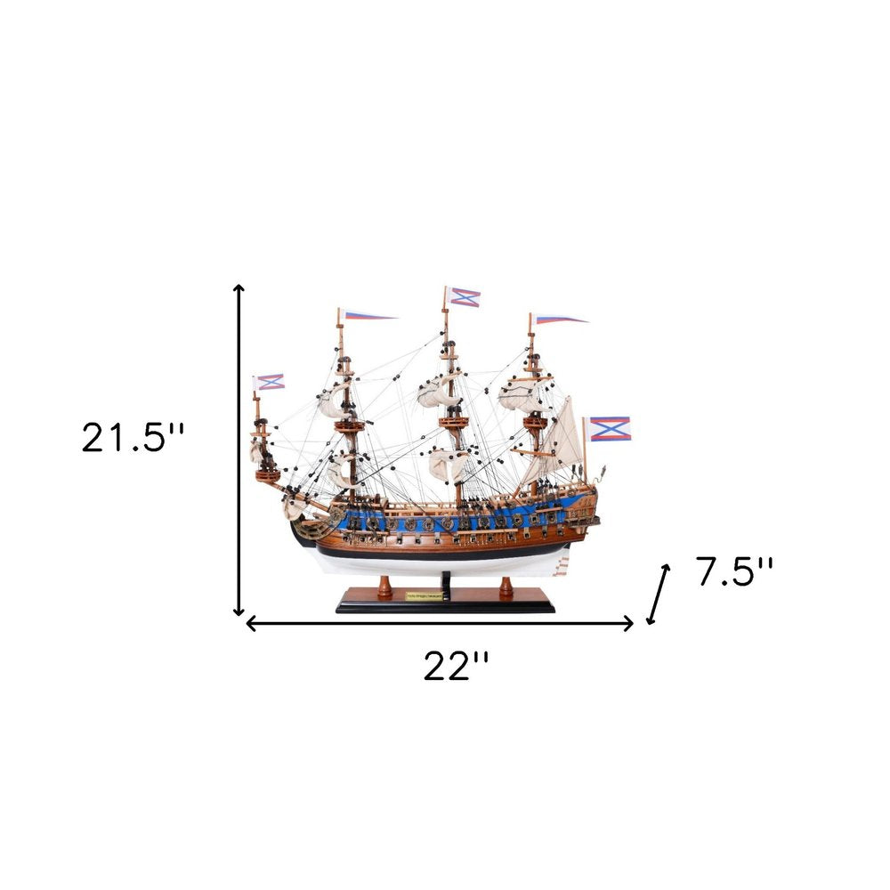 22" Blue and Brown Solid Wood Hand Painted 1700 Goto Predestination Medium Model Boat