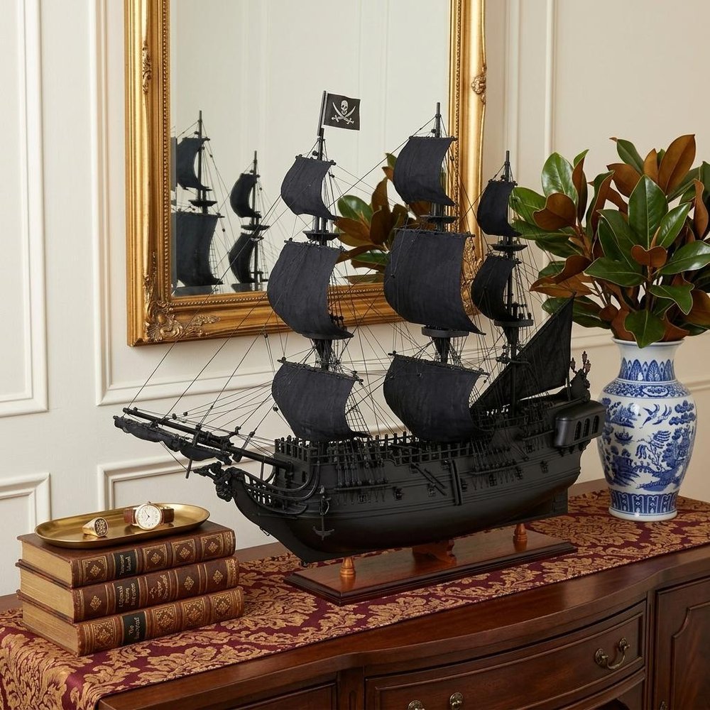 24" Black Solid Wood Hand Painted Model Boat Tabletop Sculpture
