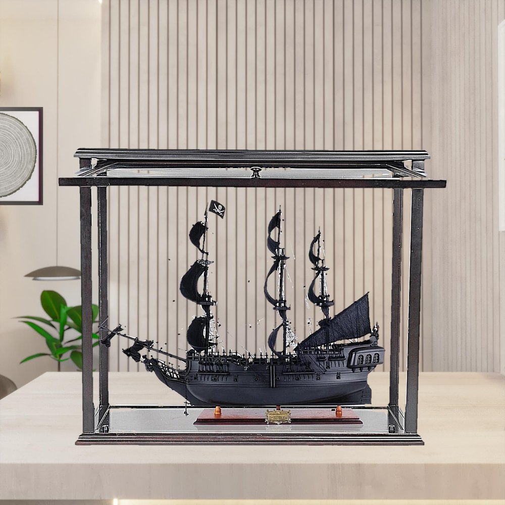 30" Black Solid Wood Hand Painted Black Pearl Pirate Medium Open Display Case Model Boat